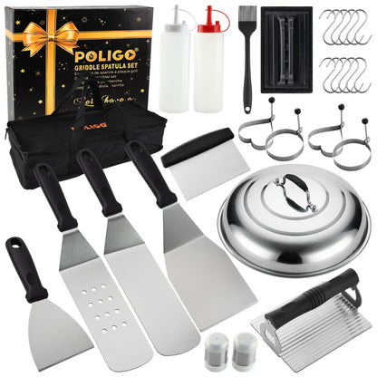 POLIGO 28PCS Griddle Accessories Kit, Flat Top Grill Accessories Set for Camp Chef, Grill Spatula Set with Enlarged Spatulas, Basting Cover, Scraper for Cooking Indoor or Outdoor Barbecue