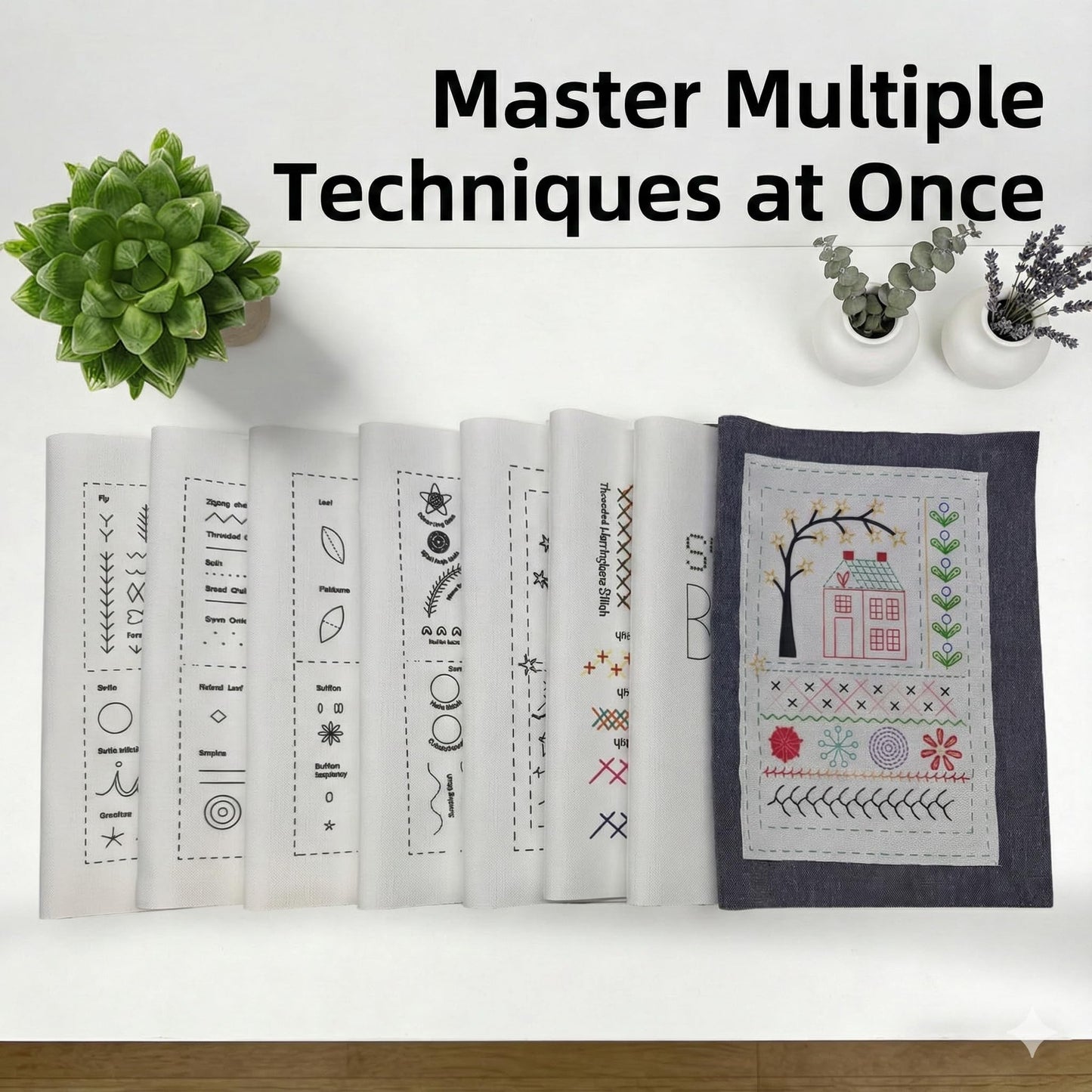 trumpisame DIY Embroidery Stitch Practice Book Kit - Learn 106 Stitches Manual, 86Pcs Complete Starter Set with Magnifier, Metal Thimble, Pre-Printed Linen Pages&106 Floral Patterns