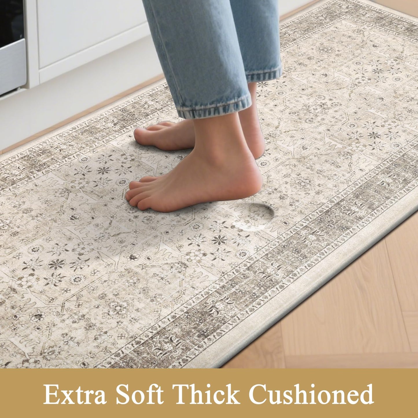 Pauwer Anti Fatigue Kitchen Floor Mats Set of 3, PVC Foam Padded Kitchen Rugs, Non Slip Cushioned Comfort Standing Mat, Waterproof Sink Rug for Small Kitchen Area, Laundry Room, Khaki