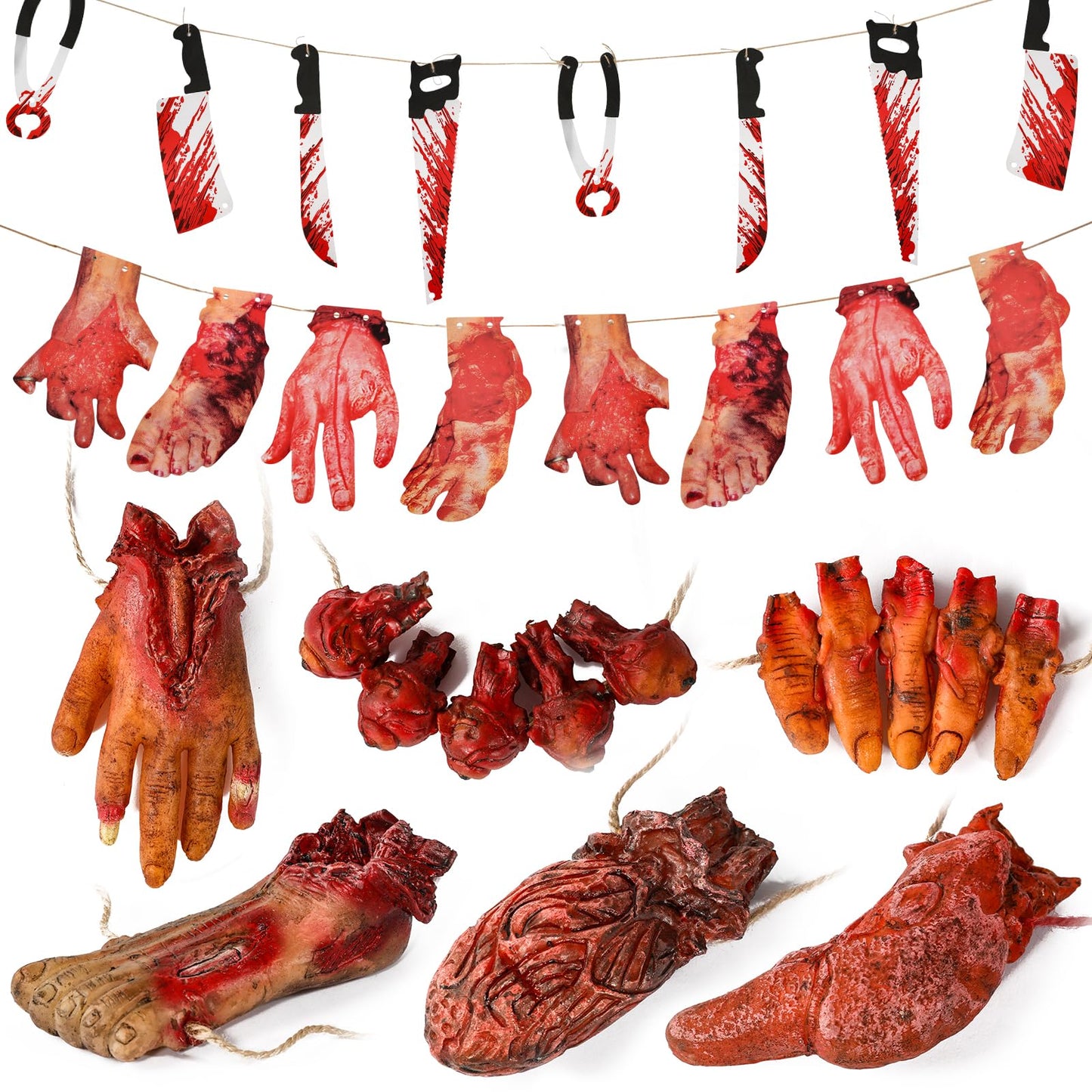 Lansian Halloween Decorations Blood Weapon Garland Banner Props Hanging Scary Fake Severed Hand Broken Body Parts for Haunted House Halloween Vampire Zombie Party Supplies (6pcs Body Parts)