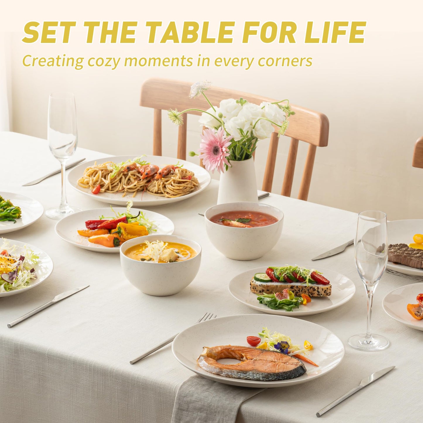 Dafuceramic Plates and Bowls Sets, 12 Pieces Modern Stoneware Dinnerware Set for 4 Kitchen Dinner Set Ceramic Dishware Dishes Set Microwave and Dishwasher Safe (White)