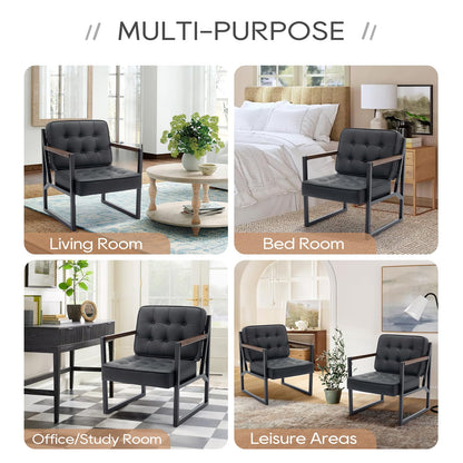 COLAMY Mid Century Modern Accent Chair Set of 2, Comfy Living Room Chair, Black Leather Accent Chair, Faux Leather Reception Armchair with Metal Legs for Living Room Bedroom Reception Office, Black