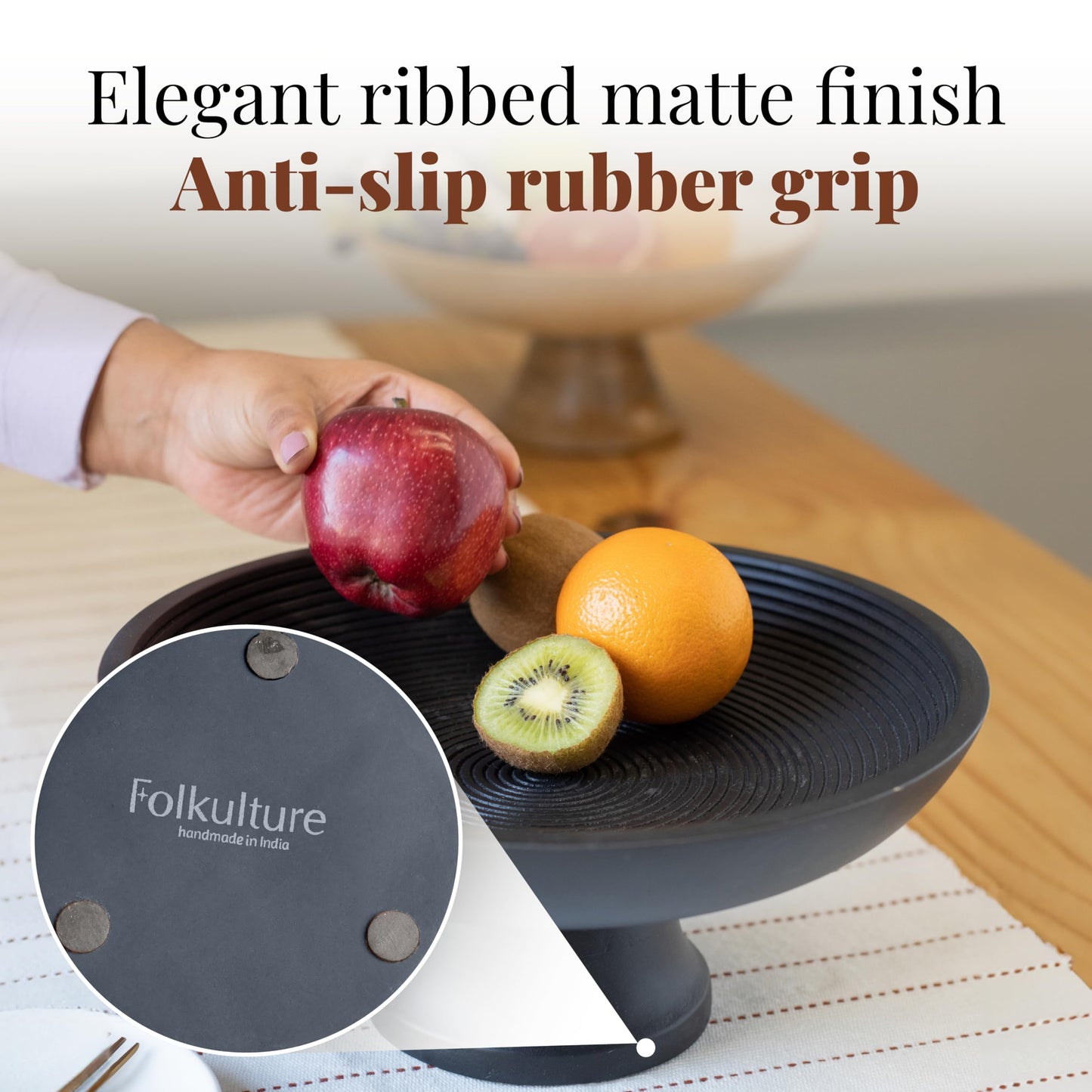 Folkulture Wooden Fruit Bowl for Kitchen Counter | 12" Large Premium Eco Friendly Banana Fruit Basket for Kitchen | Black Wood Bowl with Holder, Pedestal for Table Decor, Mothers Day Gifts