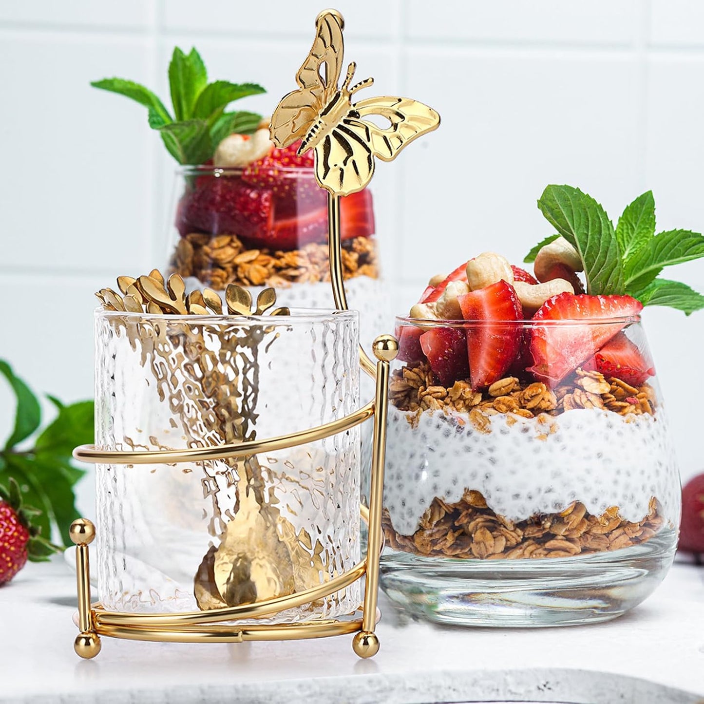 ELLDOO Coffee Spoon Set with 8 Gold Leaf Stainless Steel Spoons and Clear Glass Holder for Mixing