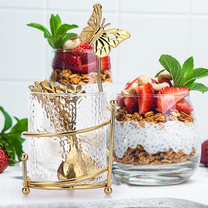 ELLDOO Coffee Spoon Set with 8 Gold Leaf Stainless Steel Spoons and Clear Glass Holder for Mixing