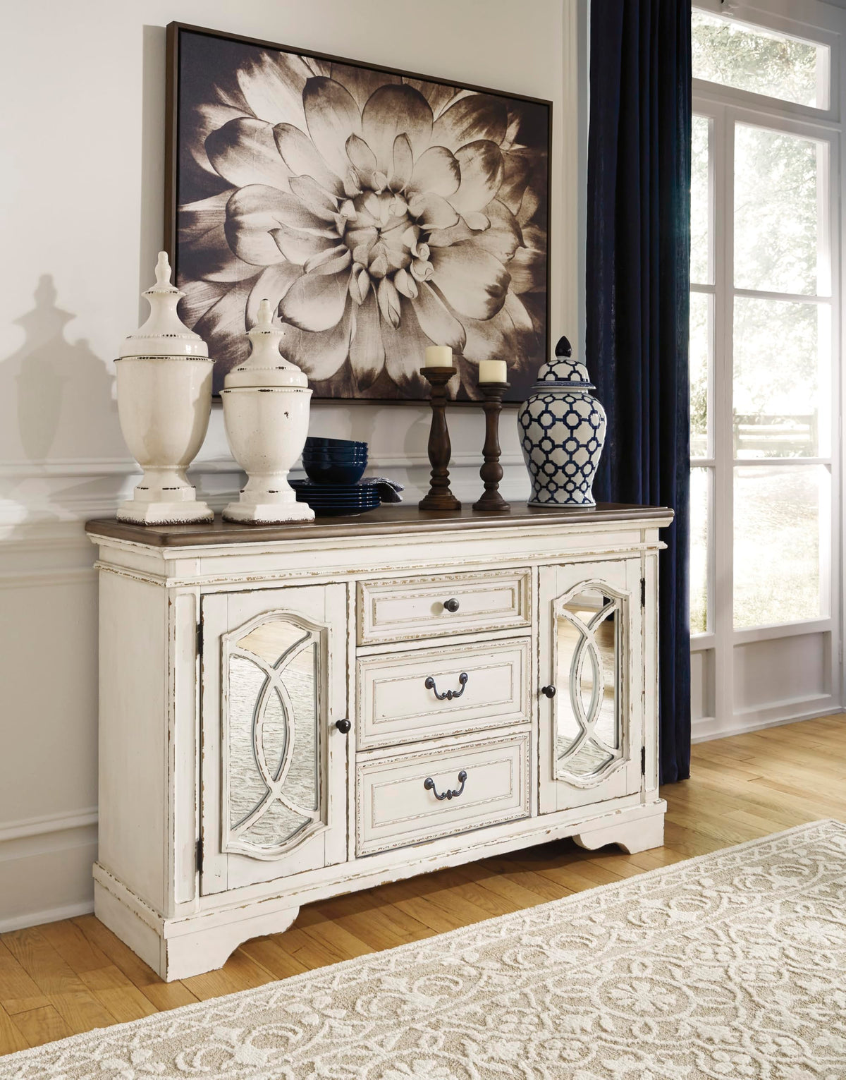 Signature Design by Ashley Realyn French Country Distressed Dining Room Server, 3 Drawers, 2 Cabinet Doors, Wood, 59" W x 17" D x 36.5" H, Chipped White