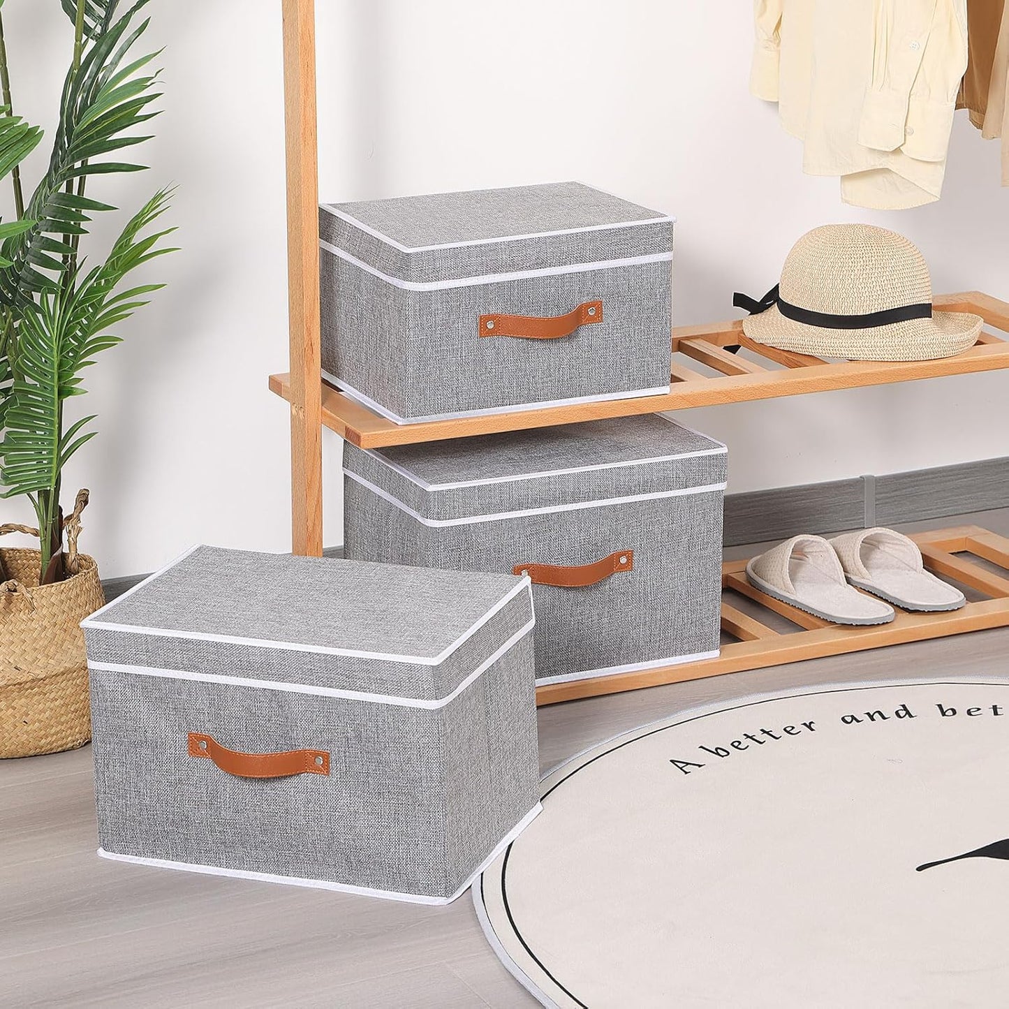Fabric Storage Bins with Lids, Linen Foldable Storage Boxes, Closet Storage Organizer Containers with Handles, Grey,