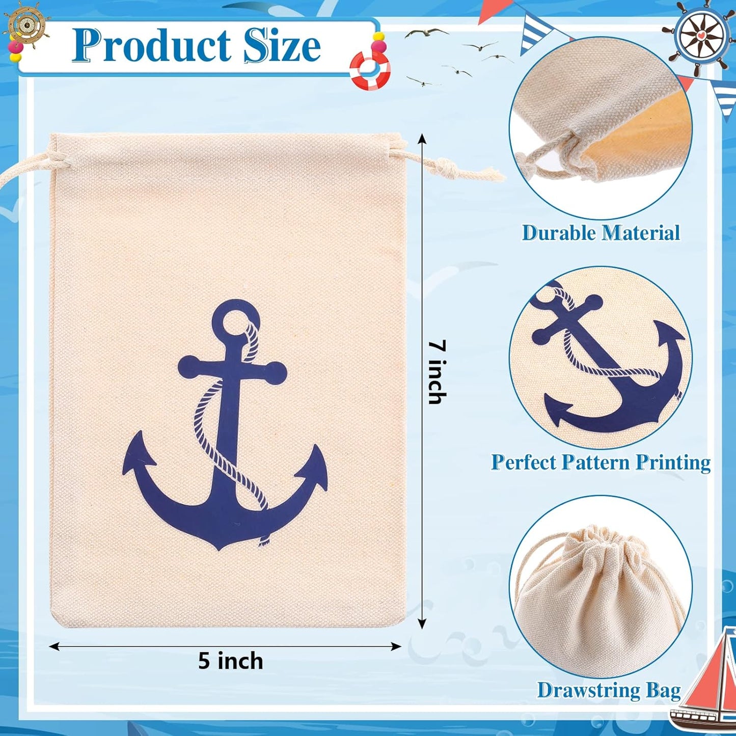 24 Pack 7 5 inch Shellwei Nautical Gift Bags Cotton Nautical Anchors Drawstring Bags Themed Favor Boat Goodie x