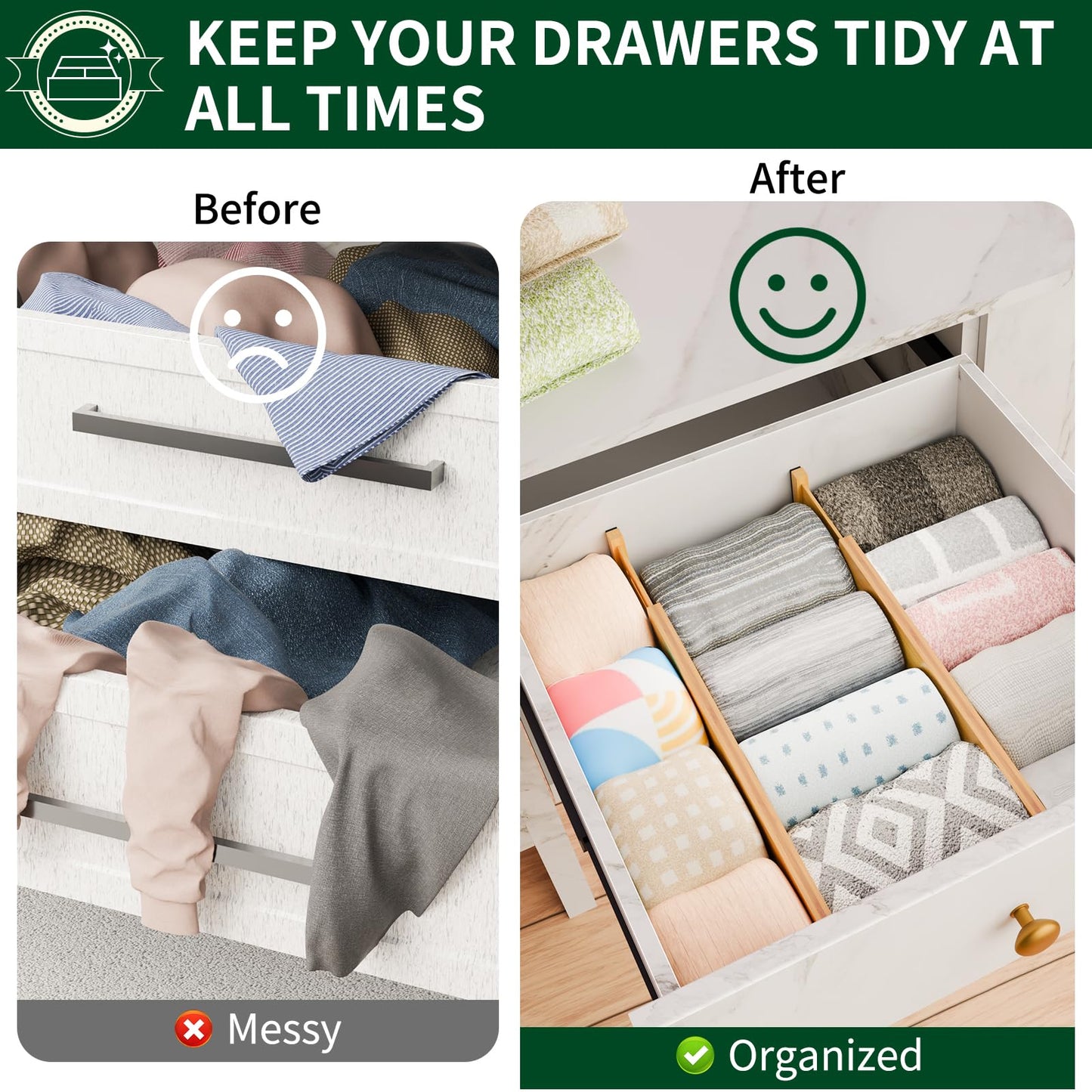 Dunruz Bamboo Drawer Dividers 2.6" High,17"-20" Adjustable Spring Loaded Clothes Drawer Organizers for Kitchen, Dresser, Bathroom, Bedroom and Office