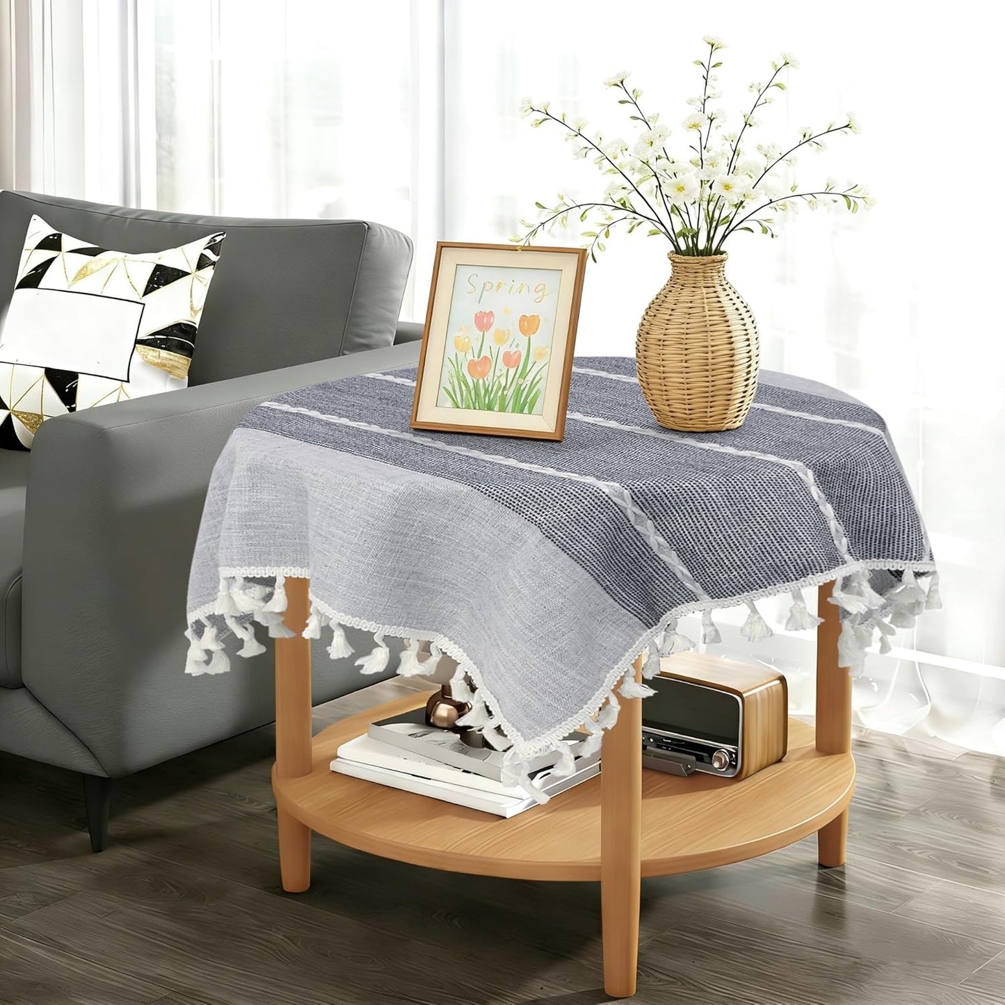 24 24 Inch, Small Square Tablecloth x Cotton Linen Boho Gray Nightstand Cover with Tassels, Rustic Farmhouse Grey End