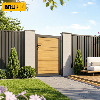 Brukid 3x4 FT Aluminum Fence Gate Kit Wood Grain Aluminum Gate with Decorative Cutout, Lock & Hinges, Left/Right Opening, Weather Resistant for Yard Garden Patio