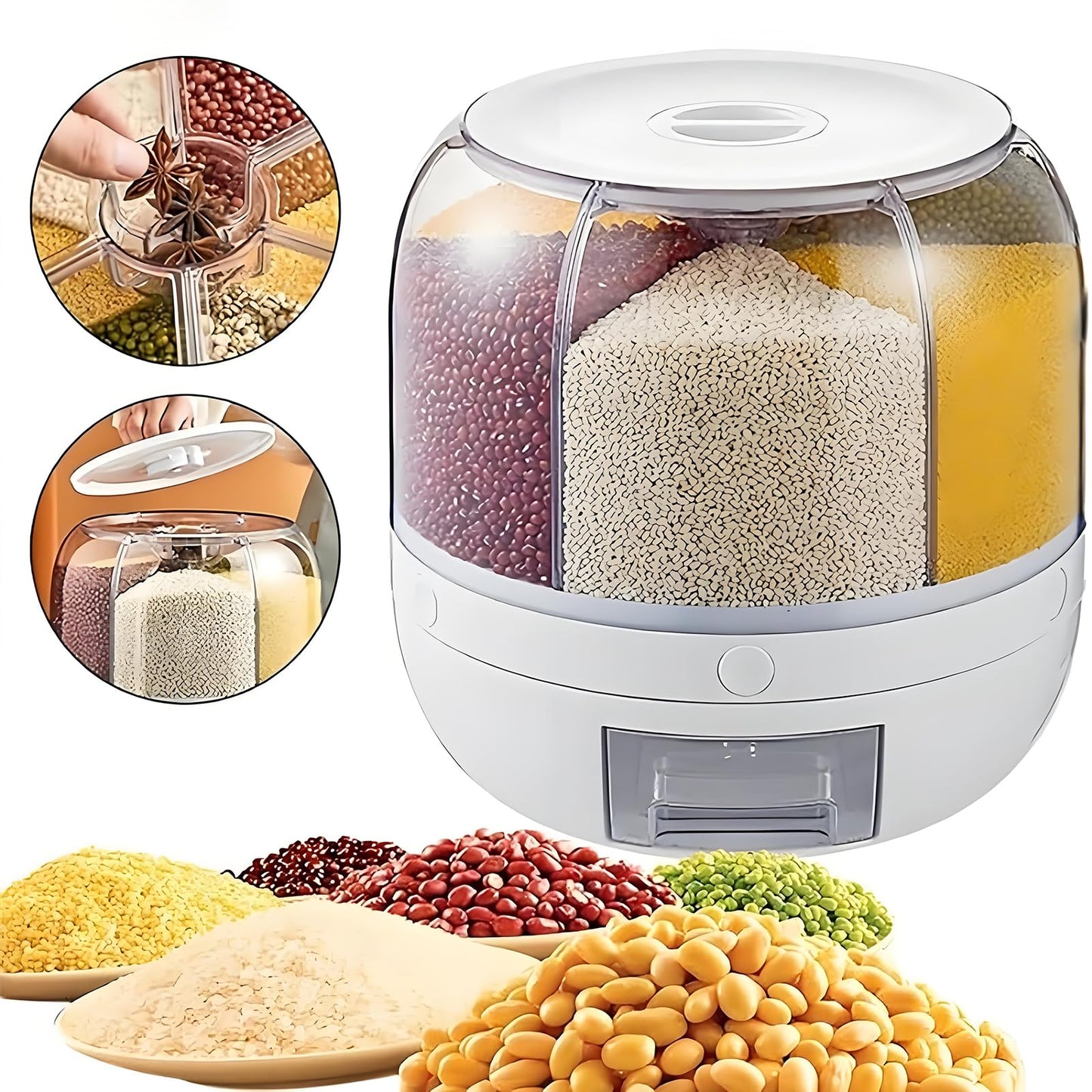 Wnnideo Rotating Grain Storage Bin 6 Grids Rice Container One-Click Output Large Capacity Food Dispenser For Rice Grains Sealed Moisture Proof Organizer (Small)