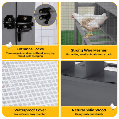 COZIWOW Chicken Coop with Full Waterproof Cover, 9' Extra Large Wooden Chicken House for 10-15 Chickens, 4 Nesting Boxes, Roosting Bars, Outdoor Walk-in Poultry Run for Backyard, Farm, Modern Gray