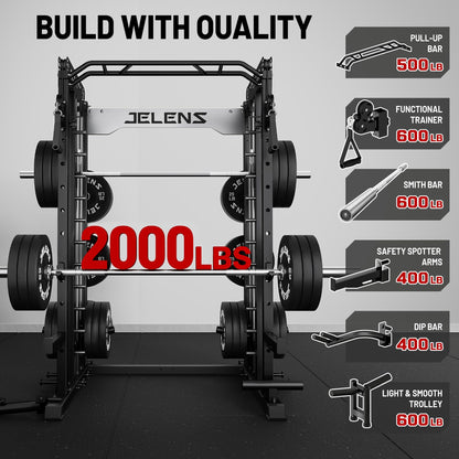 JELENS Smith Machine for Home Gym, Multi-Function M12 Power Cage, Squat Rack with Smith Bar and More Attachment (Black, Weight Bench Package)