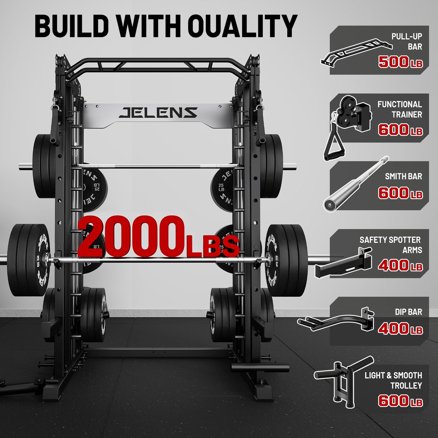 JELENS Smith Machine for Home Gym, Multi-Function M12 Power Cage, Squat Rack with Smith Bar and More Attachment (Black, 230LB Black Weights Package)