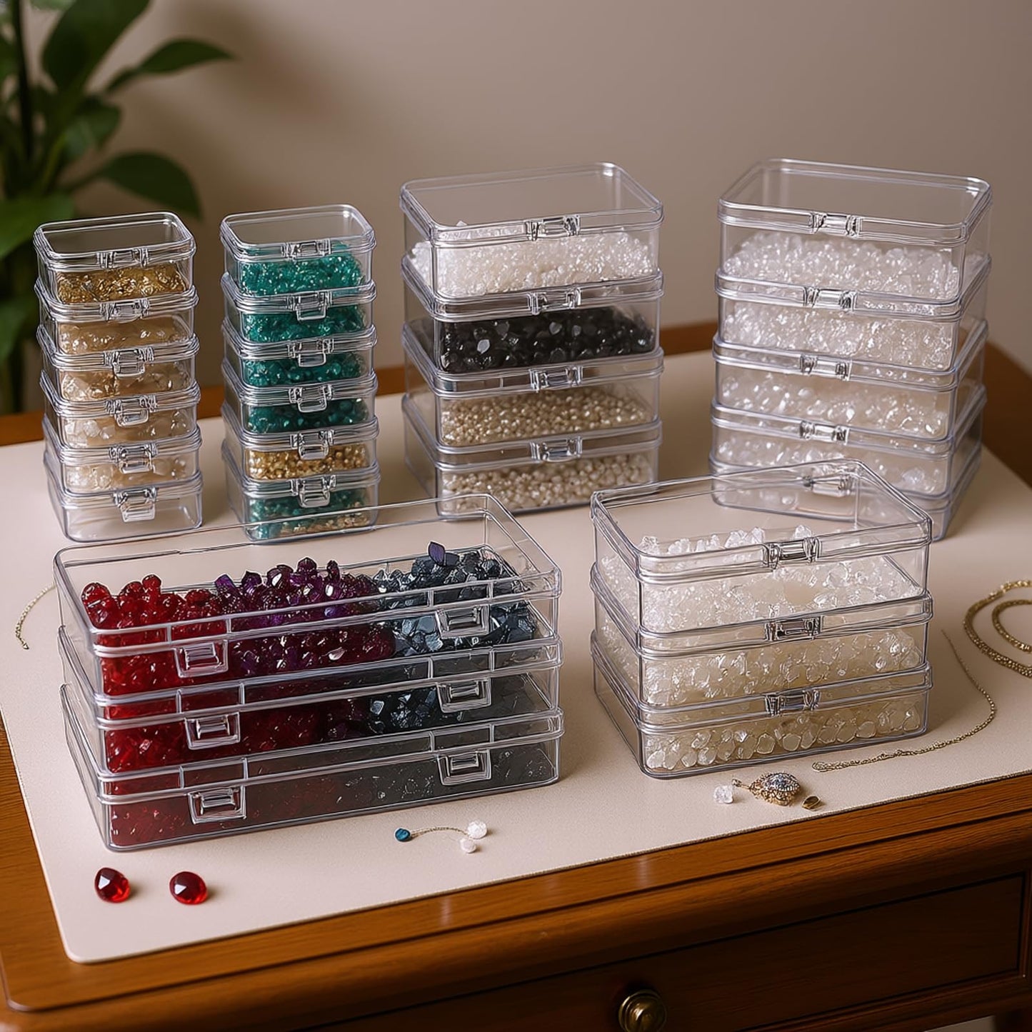 Goodma 24 Pieces Mixed Sizes Rectangular Empty Mini Clear Plastic Organizer Storage Box Containers with Hinged Lids for Small Items and Other Craft Projects