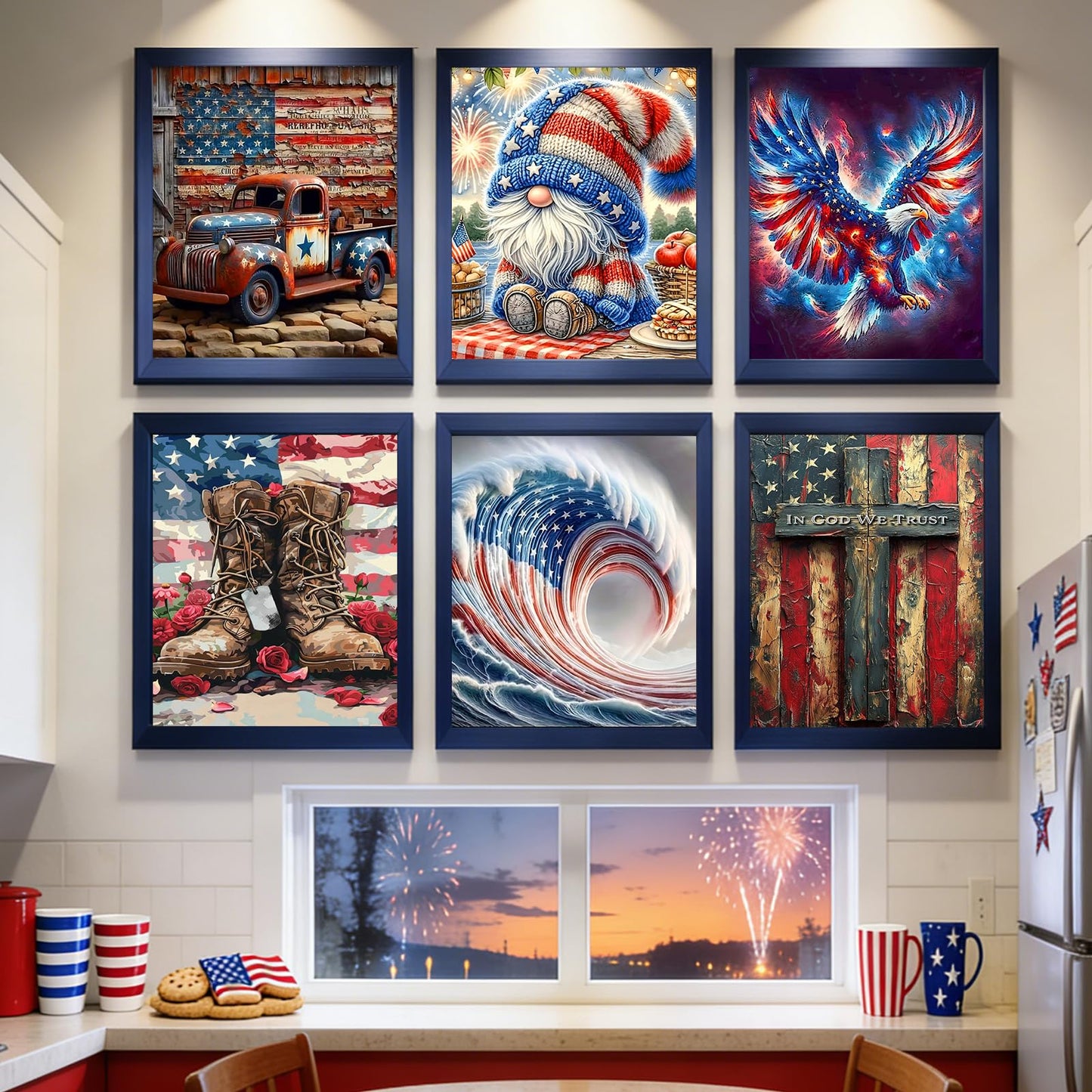 Clendo 6 Pack Independence Day Diamond Art Kits for Adults - 4 of July Patriotic Diamond Painting for Adults, Full Drill 5D Diamond Dots Gem Painting Kit for Wall Home Decor Arts Craft 12x16 inch