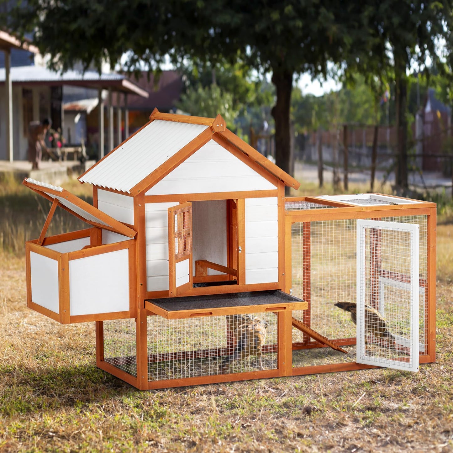 Wooden Chicken Coop & Rabbit Hutch – Portable Hen House for 4-6 Chickens with 5 Access Doors, Nesting Box, Removable Tray, & PVC Roof, Backyard Chicken House for Rabbits, Ducks, Cats, Guinea Pigs
