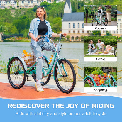 Slsy Adult Tricycle 7 Speed, 20/24/26 Inch Step-Through 3 Wheel Bike for Adults with Large Shopping Basket, 350 lb Capacity Adult Trike for Seniors, Women and Men
