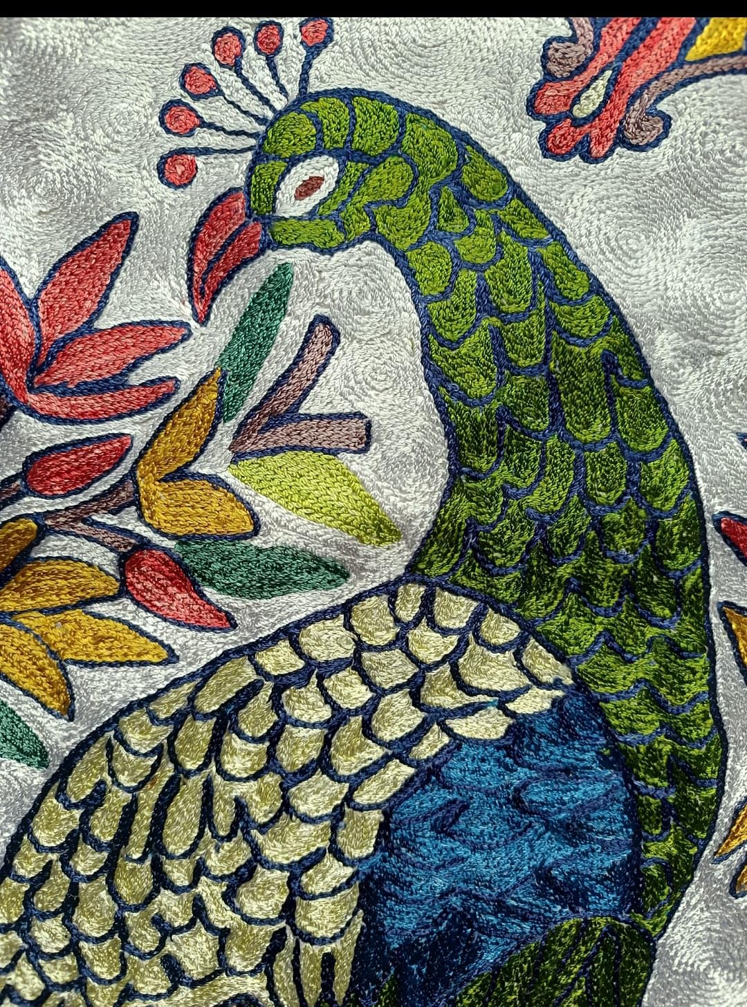 Kashmir Handmade Chain Stitch Peacock Wall Tapestry, Silk and Cotton on Canvas, 2.5 x 4 ft, Multicolor Floral Design Pack of 01