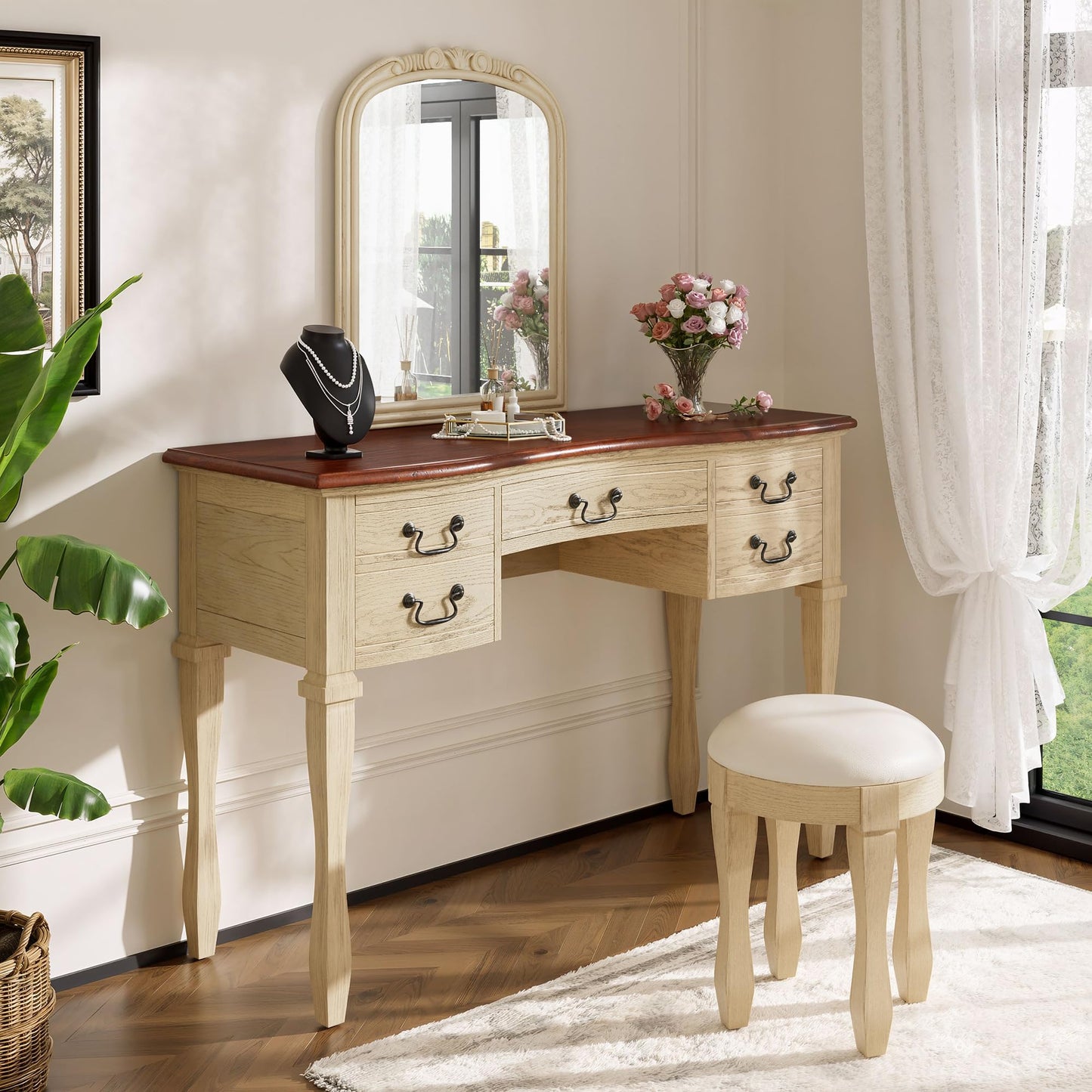 Merax 46" Vintage Makeup Vanity with Curved Flower Frame Mirror, Elegant Dressing Table with 5 Drawers and Leather Stool, Vanity Desk with Solid Wood Legs and Antique Handles for Bedroom