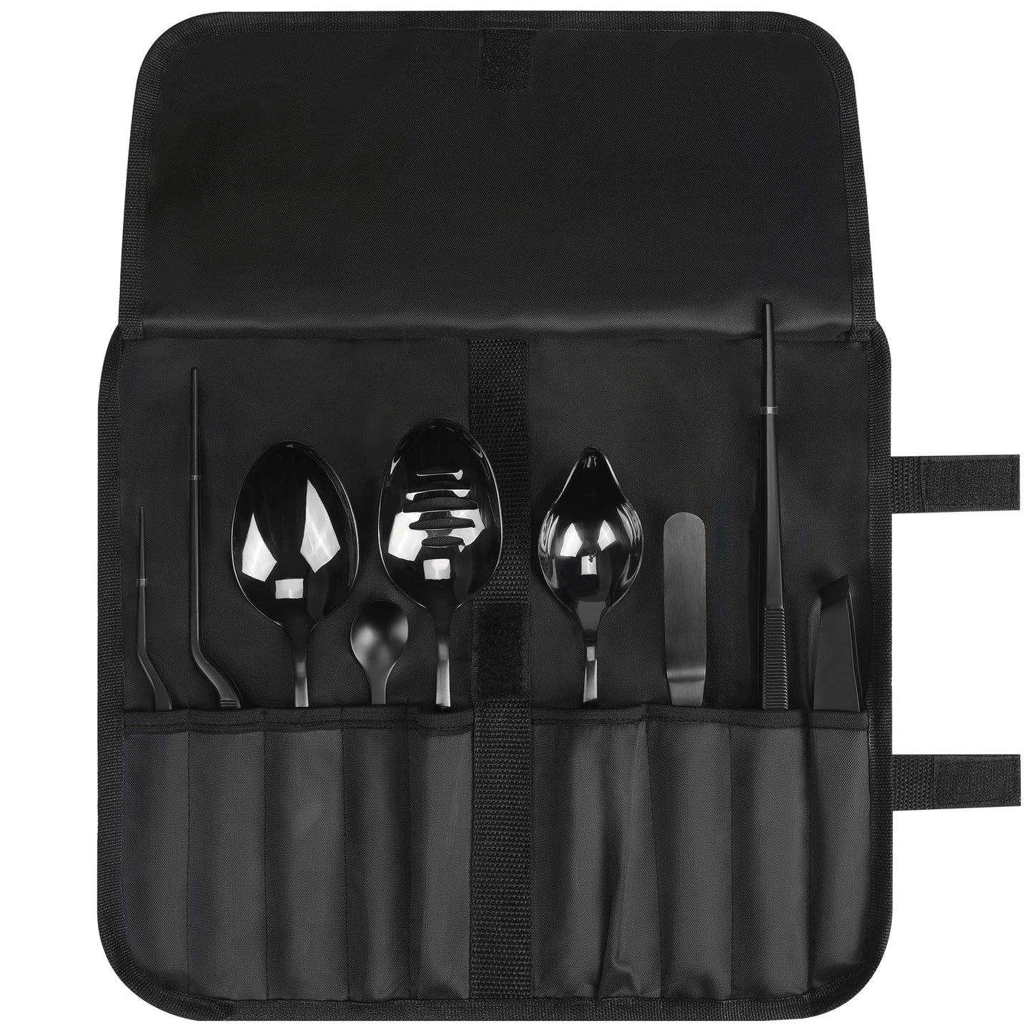 Recsrdce 9-Piece Professional Culinary Plating Set, Black Stainless Steel Chef Tools with Storage Roll & Cleaning Cloth, Ideal for Food Presentation & Fine Dining