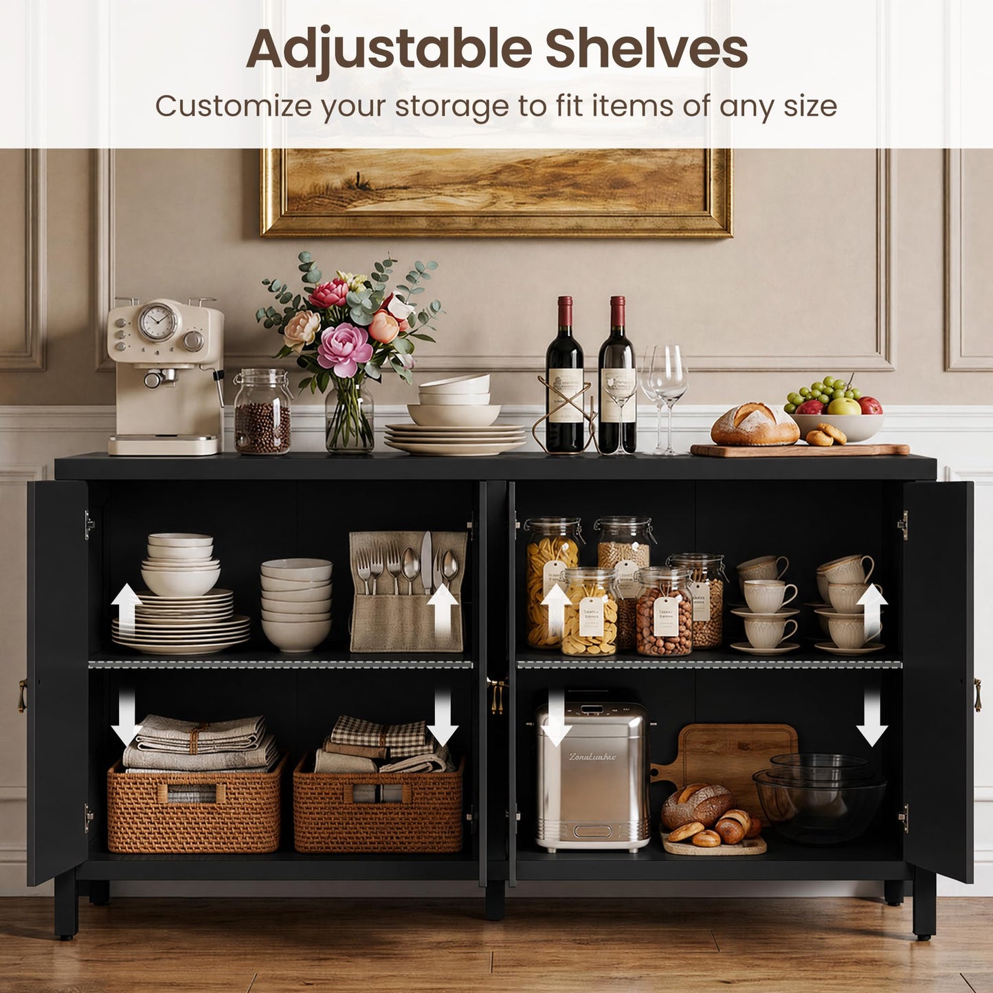 RoyalCraft Buffet Cabinet with Storage, 60" W Modern Coffee Bar Sideboard with 4 Doors & Adjustable Shelves, Painted Wooden Credenza for Dining Room, Kitchen, Living Room, Entryway, Black