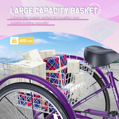 MarKnig Adult Tricycle, 26 Inch 3 Wheel Bikes with Large Basket, Cruiser Bike for Women/Men/Seniors, Adult Trike for Outdoor/Shopping/Recreation/Picnic (Purple)