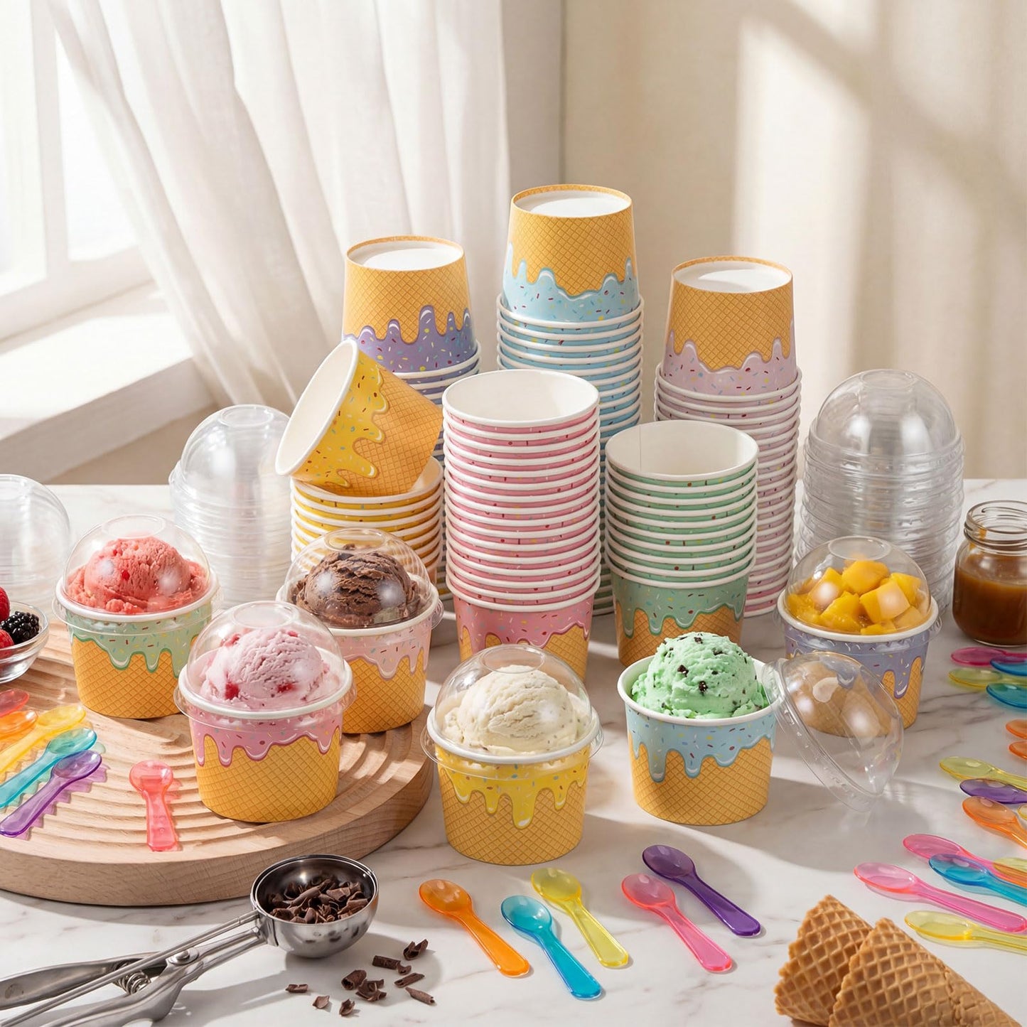Jingmore 240 Set 4oz Ice Cream Paper Cups with Lids and Spoons, Disposable Sundae Bowls, Dessert Cups for Birthday Party Supplies, Paper Ice Cream Bowls Bulk for Yogurt, Snacks