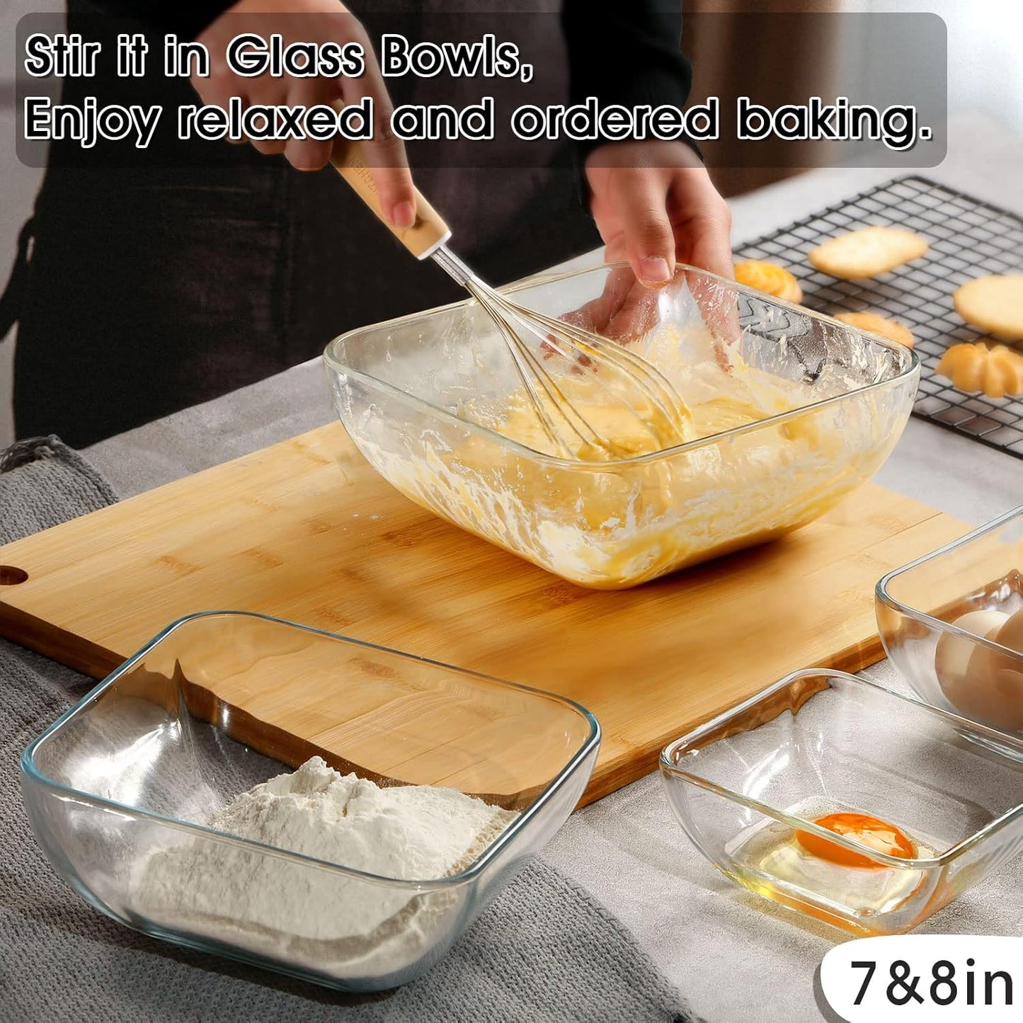 NUTRIUPS Glass Mixing Bowls Set, Microwave Safe Clear Glass Bowls for Mixing, Storing, Preparing, Square Bowl