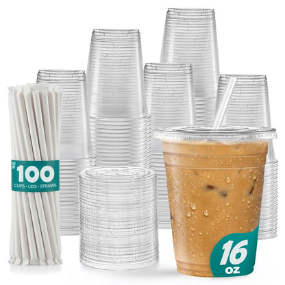 GUSTO - 16 oz - 100 Sets - Clear Plastic Cups with Lids and Straws – Disposable Iced Coffee Cups for Cold Drinks, Smoothies, Boba, and To-Go Beverages – Sturdy, Easy-to-Separate