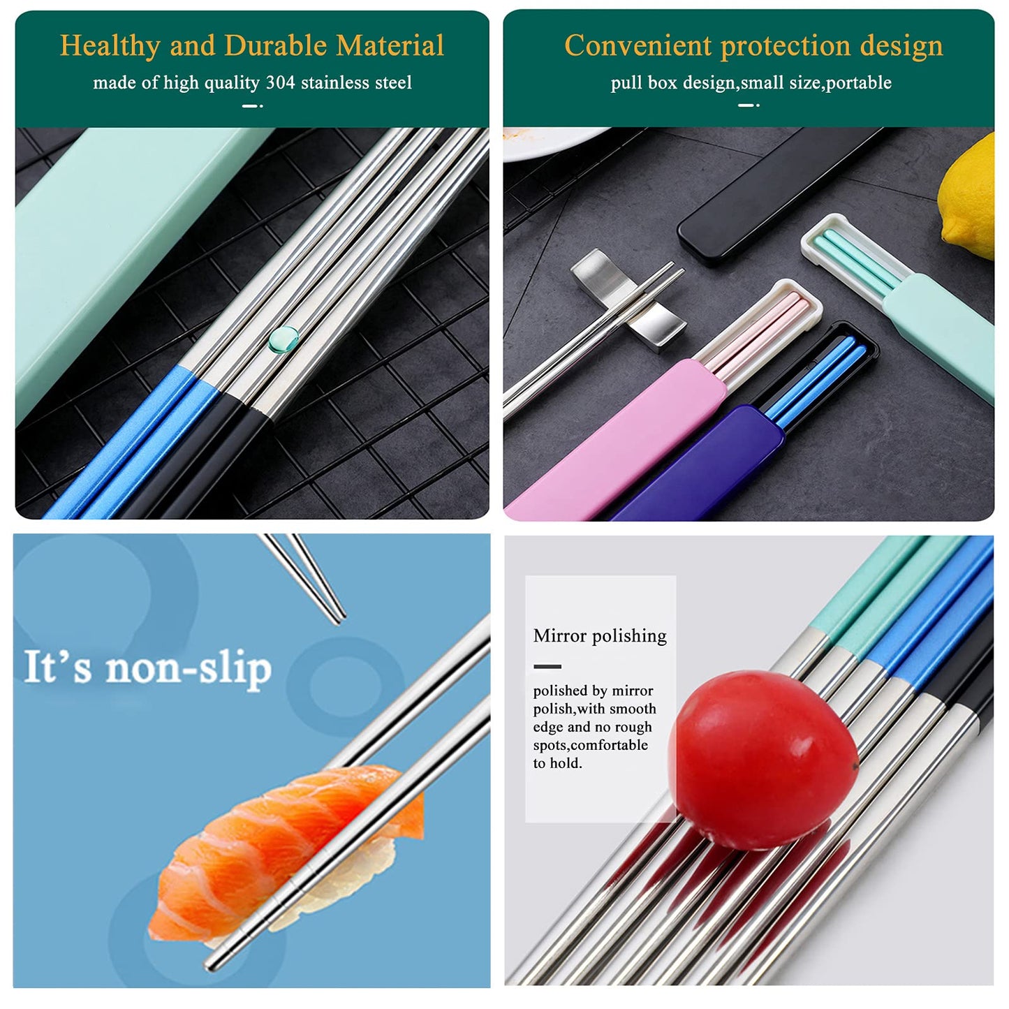Metal Chopsticks Reusable Portable Stainless Steel Dishwasher Safe Chopsticks with Case for School,Camping,Travel, Bento Box, 9 Inches in length, Alternative to Wooden (Black+Blue+Green+Pink)