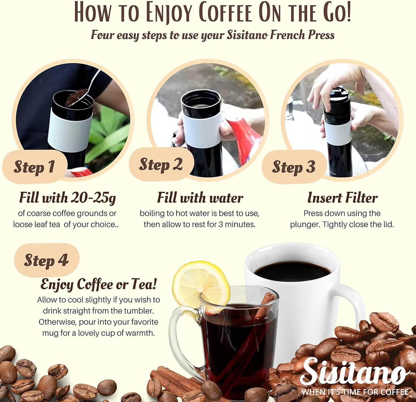2in1 Travel French Press Coffee Maker, Portable 11.8 oz Tumbler for Ground Coffee & Tea Leaves, Iced Coffee Mug