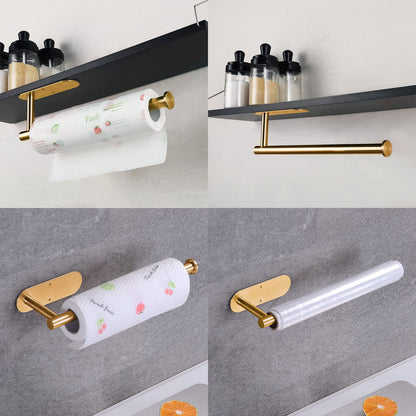 Kinbrace Paper Towel Holder with 2 Hooks-Under Cabinet Paper Towel Holder for Kitchen, Self-Adhesive or Screws, Space Saving Wall Mounted Kitchen Roll Holder, Bathroom, Stainless Steel Brushed Gold