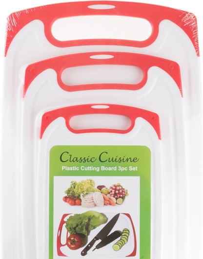 Cutting Board Set, 3 Piece Plastic Kitchen Chopping Boards for Cooking Food Prep with Juice Groove by Classic Cuisine