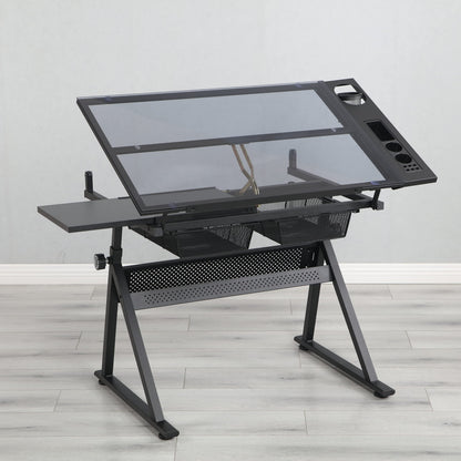 NicBex Home Office Desks with Ample Storage Contemporary Black Adjustable Tempered Glass Drafting Printing Table with Chair Adjustable Tilt, Easy Assembly, Black