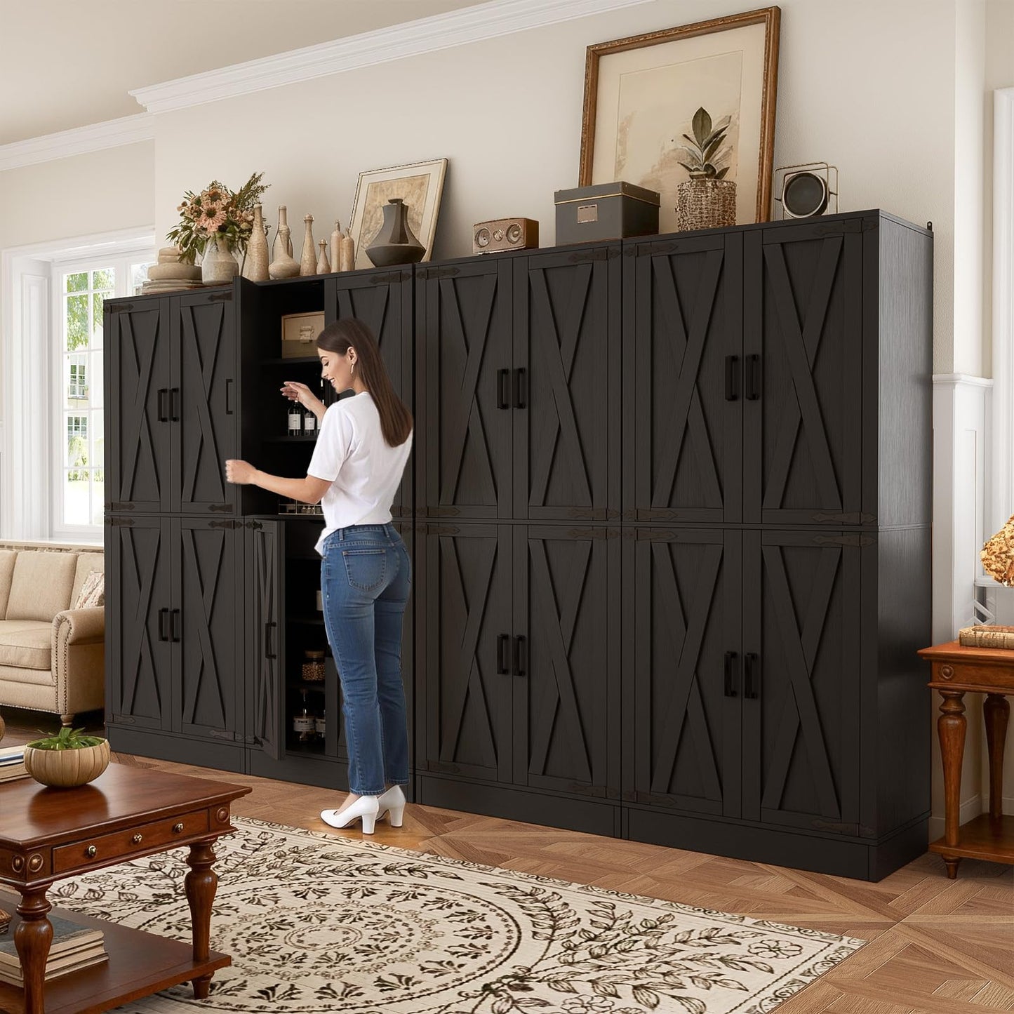 Unikito 71" Tall Kitchen Pantry Cabinet with Farmhouse Barn Doors and Storage Drawer, 4 Adjustable Shelves, Freestanding Cupboard for Kitchen, Dining Room, Living Room, Utility Room, Black 2 Pack