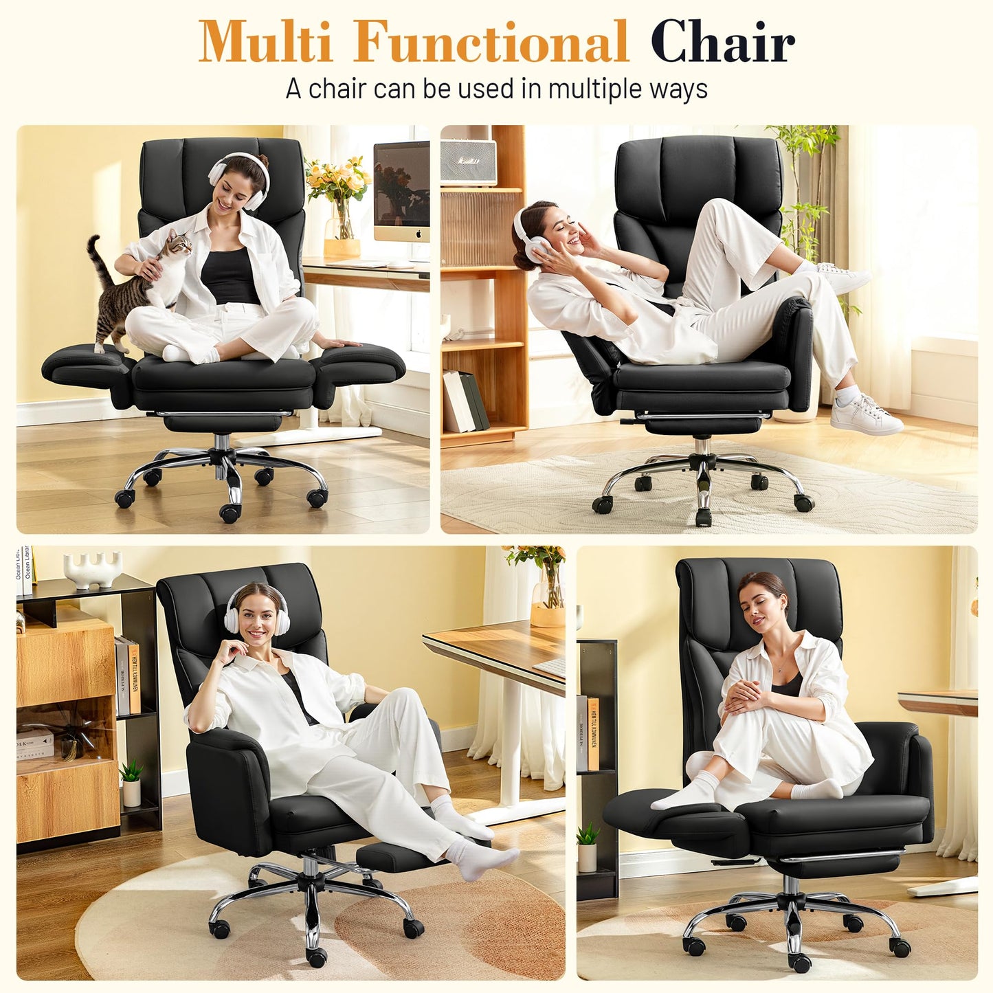 FelixKing Big and Tall Office Chair, 400LBS Wide Leather Executive Chair, Reversible Armrest for Pets Criss Cross Legged, 135° Reclining High Back Gaming Desk Chair with Lumbar Support Footrest, Black