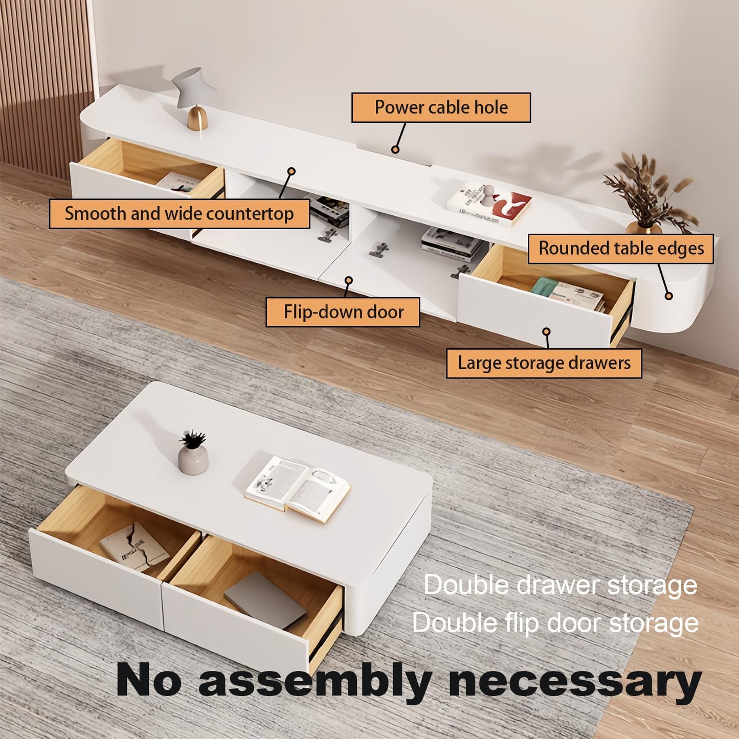 Floating TV Stand For 70 Inch TV, Modern TV Console With Storage Cabinets and Flip down doors, Suspended Entertainment Center TV Stand for Living Room Bedroom Farmhouse (White, 78.7x9.5x7.9 IN)