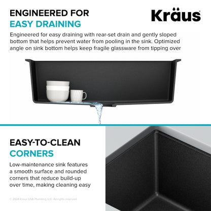 KRAUS Quarza 31-inch Undermount Single Bowl Granite Kitchen Sink in Black Onyx, KGU-413B