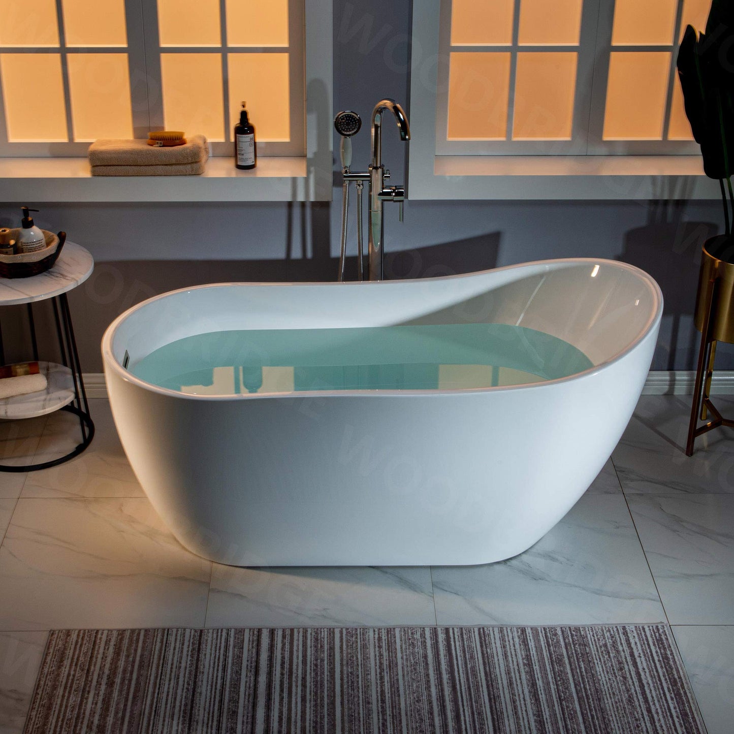 WOODBRIDGE 59" Acrylic Freestanding Bathtub Contemporary Soaking White Tub with Brushed Nickel Overflow and Drain，B-1530 -B/N-Drain &O