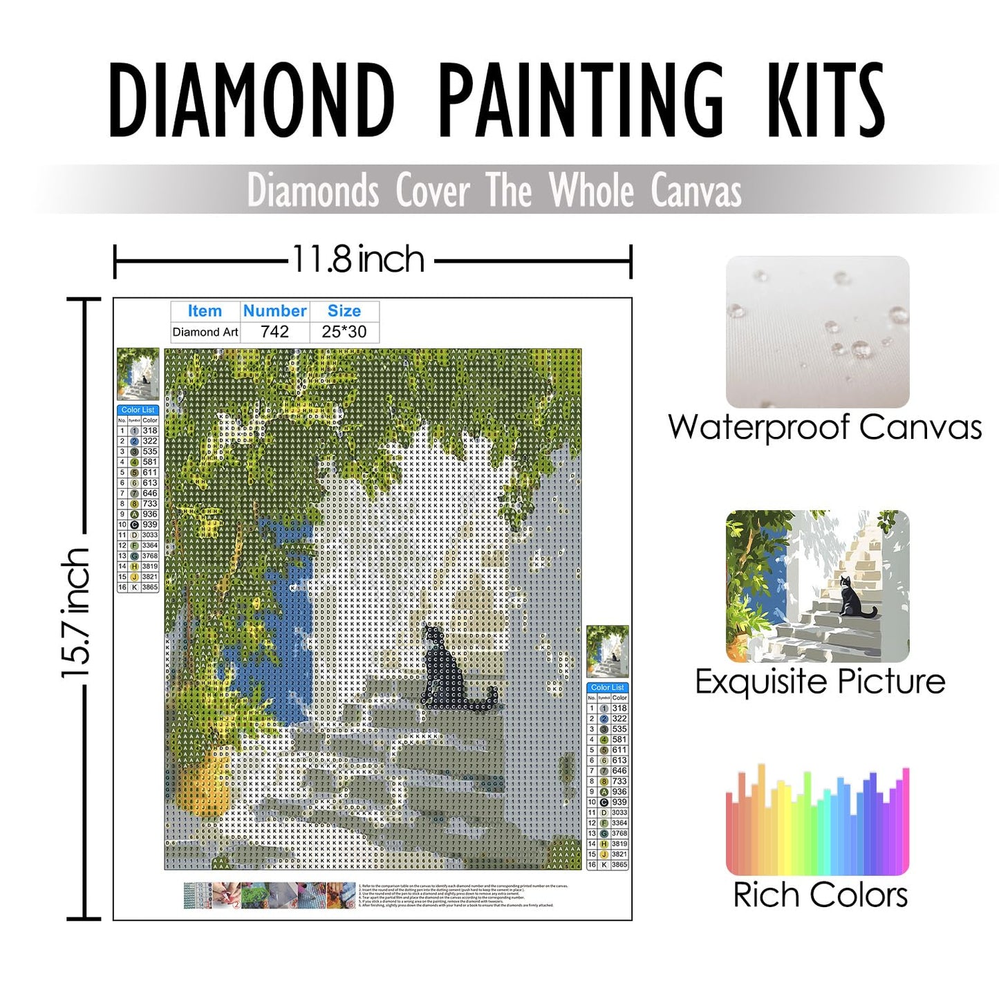 bitCNY 5D Diamond Painting Black Cat on Stairs, Full Drill DIY Diamond Art Kits for Adults, Modern Minimalist Animal Wall Decor 9.8x11.8 Inch