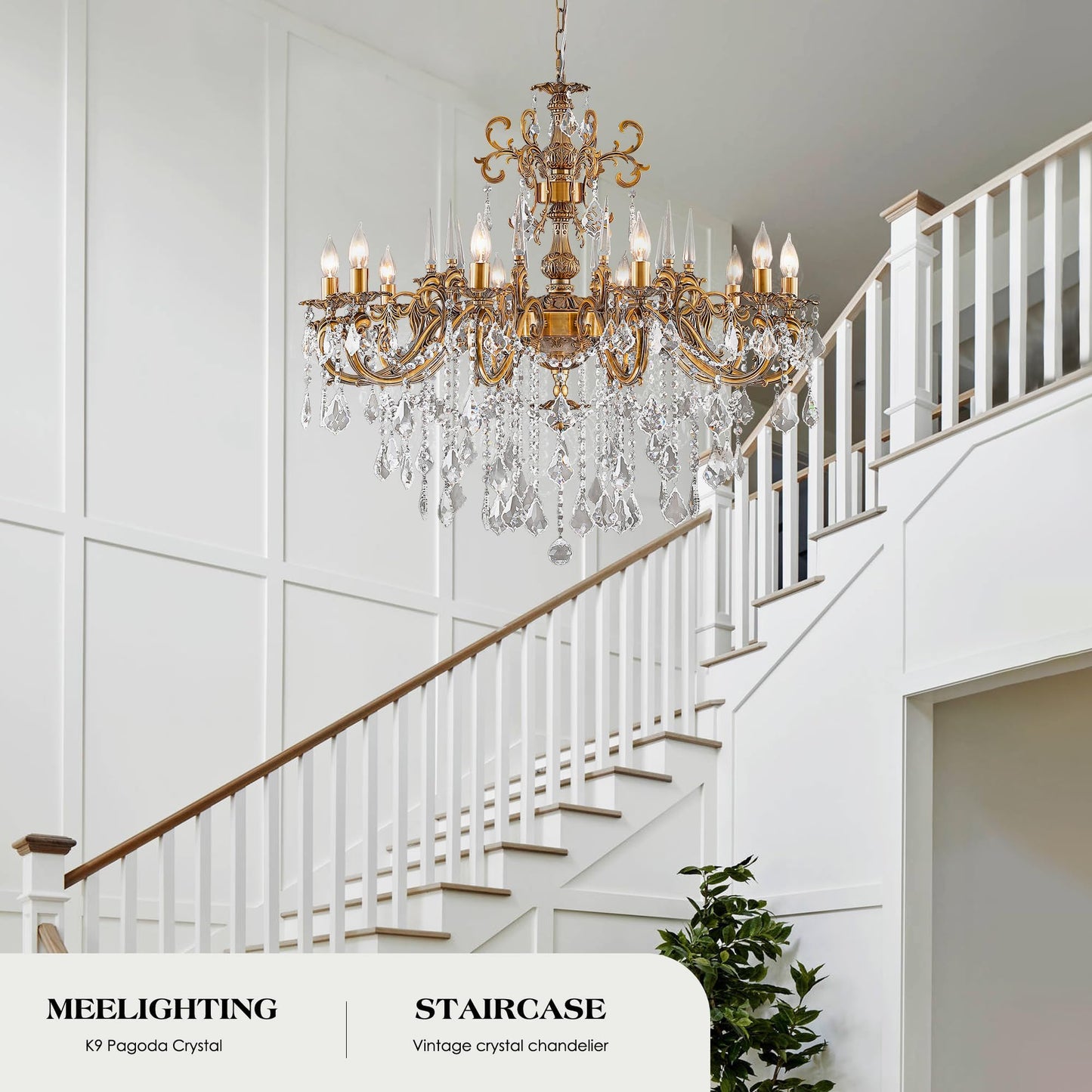 MEELIGHTING Gold Crystal Chandelier, 10-Light Antique Bronze Candle Pendant Ceiling Light Fixture with K9 Crystals for Dining and Living Room, Bedroom, Kitchen Island, Hallway, Dia 36"