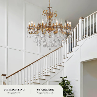 MEELIGHTING Gold Crystal Chandelier, 10-Light Antique Bronze Candle Pendant Ceiling Light Fixture with K9 Crystals for Dining and Living Room, Bedroom, Kitchen Island, Hallway, Dia 36"
