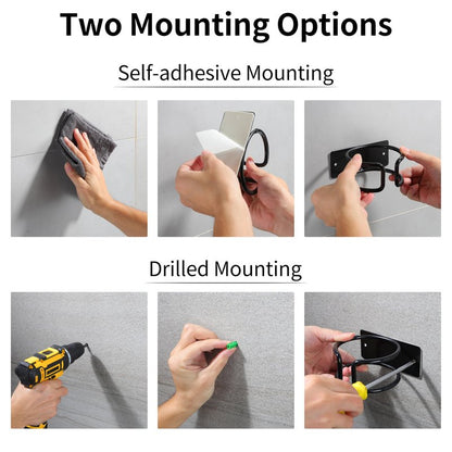 YIGII Universal Hair Dryer Holder Wall Mounted, Self Adhesive Blow Dryer Hanger Compatible with Most Hair Dryers, Stainless Steel Hairdryer Holder Rack for Bathroom Cabinet (Black)