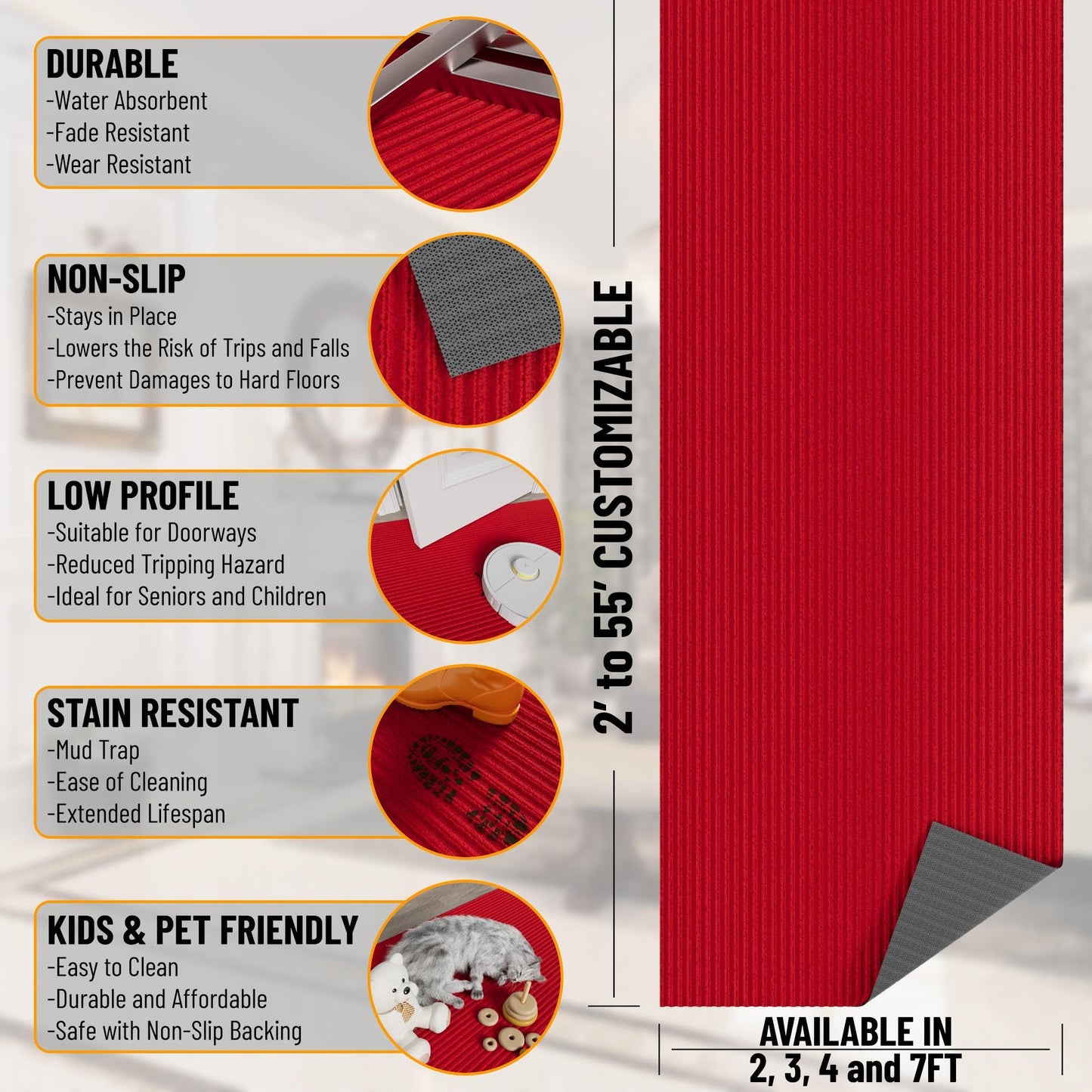 Ottomanson 2'7" x 54' Hallway Runner with Scraper Pile Extra Durable Non-Slip Rug Mat for Indoor & Outdoor Use - Ideal for Kitchen, Entryway, Patio & Garage - High-Traffic Carpet, Red