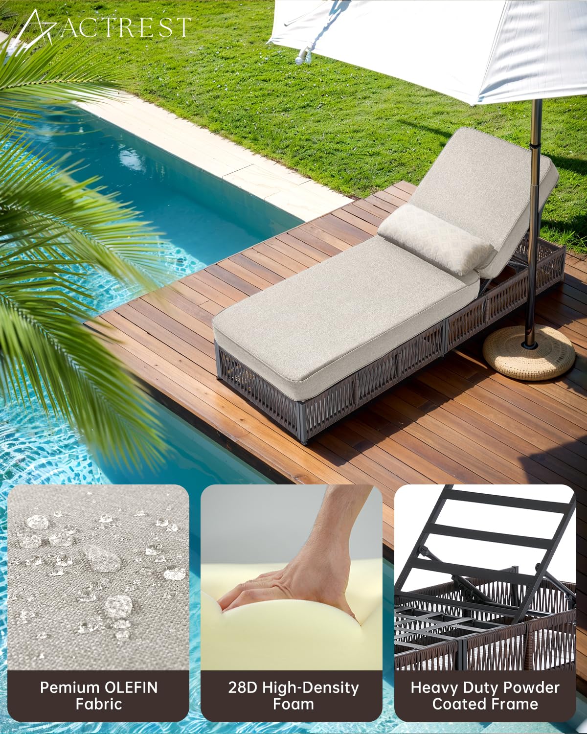 ACTREST Luxury Outdoor Chaise Lounges with 5 Inch Thickened Cushions - Set of 4 High Back Brown Wicker Patio Recliners Rattan Reclining Chairs Porch Poolside Pool Sunbathing Lounger- Beige