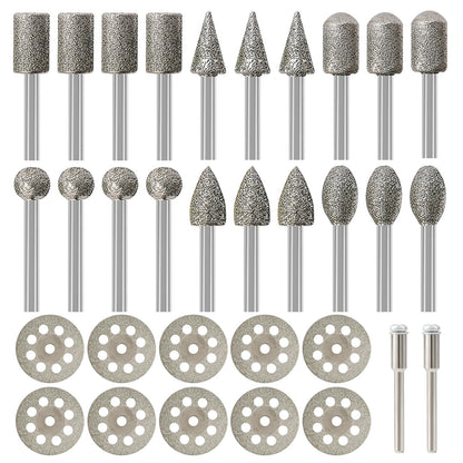 Diamond Burr Set for Dremel, Rotary Tool Diamond Cutting Wheel Stone Glass Tile Jewelry Rock Engraving Bits 1/8" Diamond Grinder Bits Set Carving Cutter Metal Engraver Kit - 32pc Set