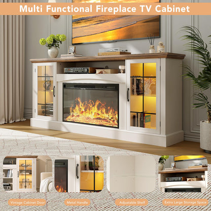 OneBlis 2-in-1 Multifunctional Fireplace TV Stand with 30" Removable Electric Fireplace, 70" Farmhouse Entertainment Center, Media Console Table with Large Storage Cabinets, for Living Room, White
