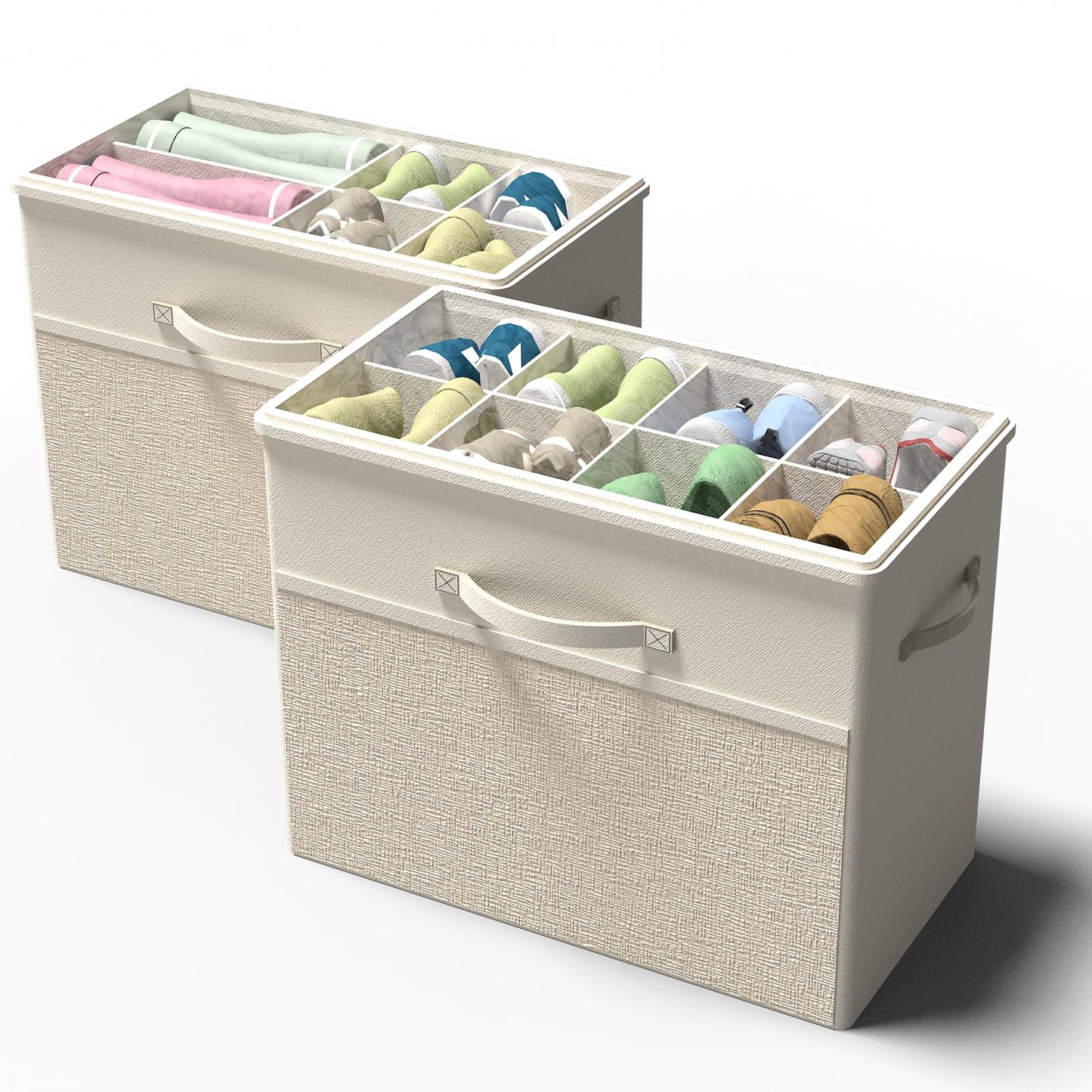 BFLBFL 2 Pack Shoe Organizer for Closet, Clear Foldable Shoe Storage Containers Fits 14 Pairs,Shoe Storage Bins Baskets Boxes with Reinforced Handles Beige Shoes Organize